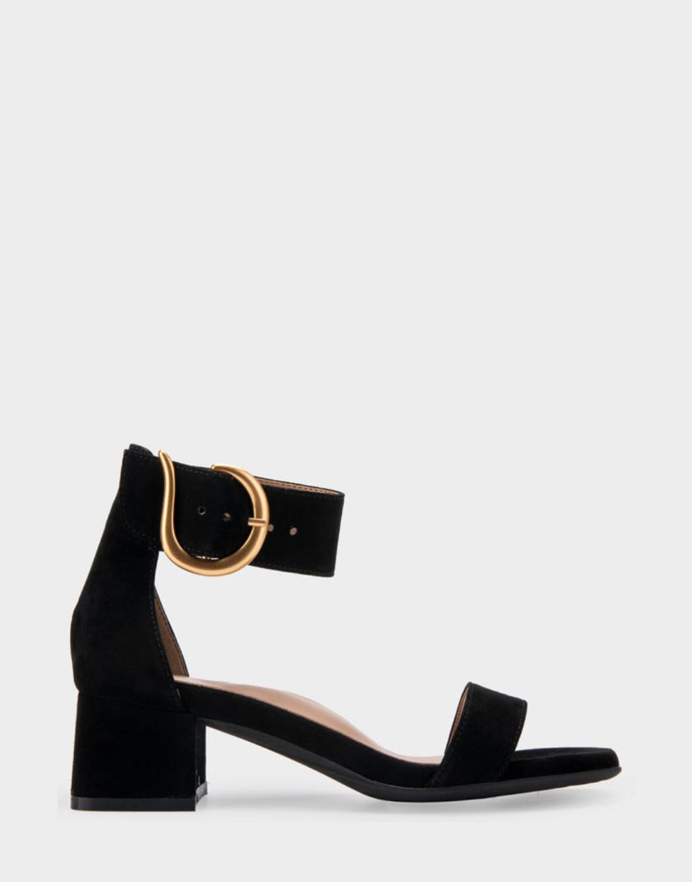 Women's | Eliza Black Genuine Suede Two Piece Mid Heel with Ankle Strap and Buckle