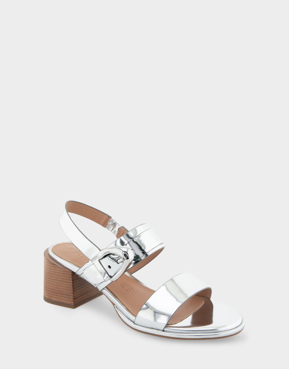 Women's | Nova Silver Mirror Metallic Faux Leather Two Band Slingback Block Heel Sandal