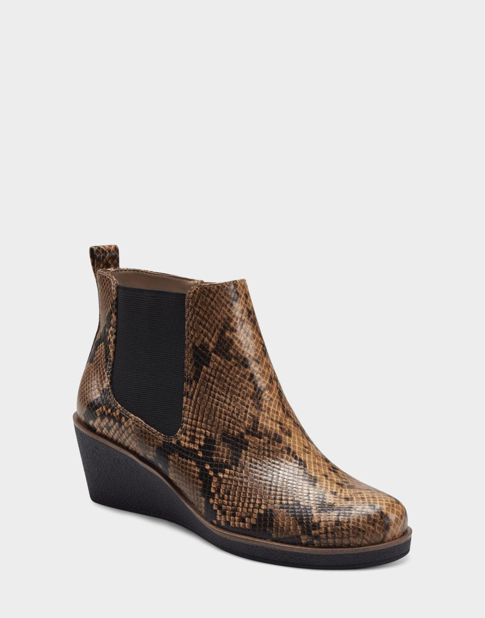 Women's | Brandi Brown Snake Wedge Heel Slip On Bootie with Elastic Goring