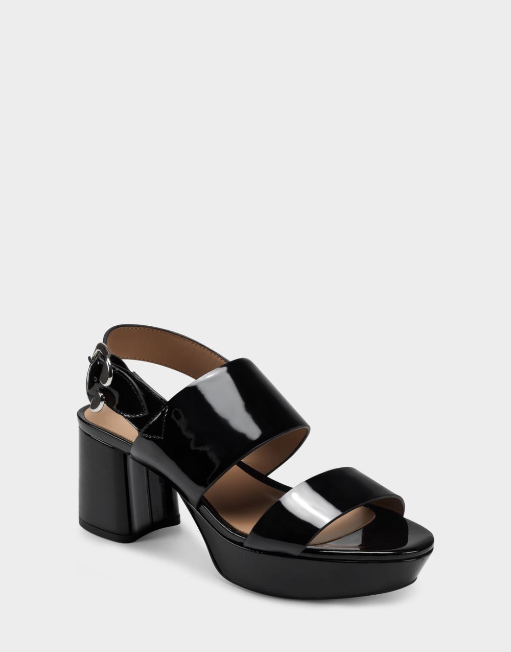 Women's | Camera Black Patent Platform Block Heel Sandal with Signature Buckle