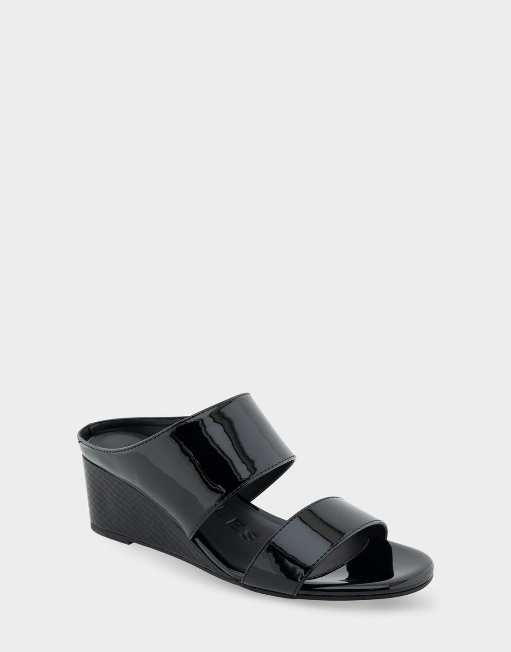 Women's | Wheeler Black Patent Faux Leather Two Band Mid Wedge Slide Sandal