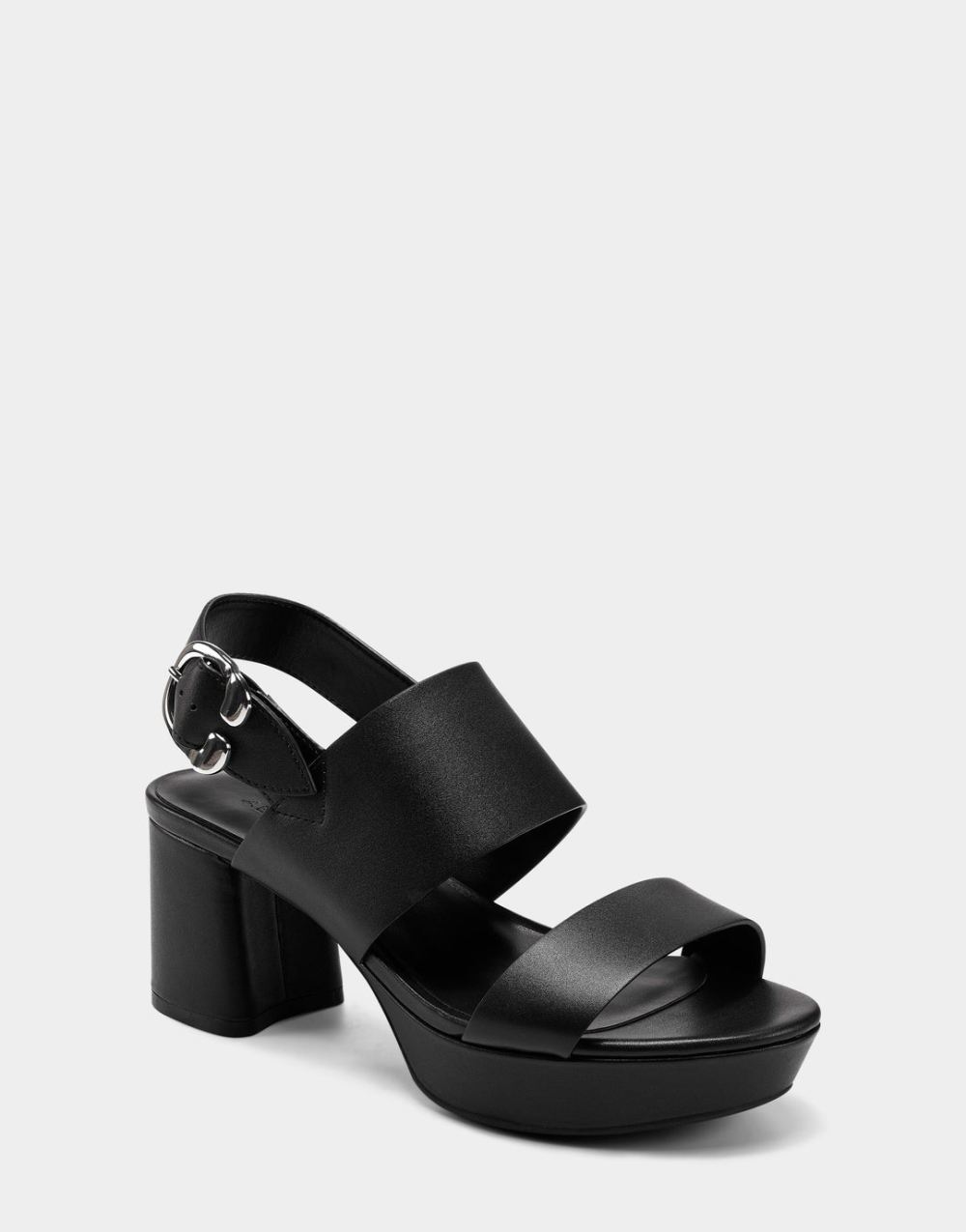 Women's | Camera Black Genuine Leather Platform Block Heel Sandal with Signature Buckle