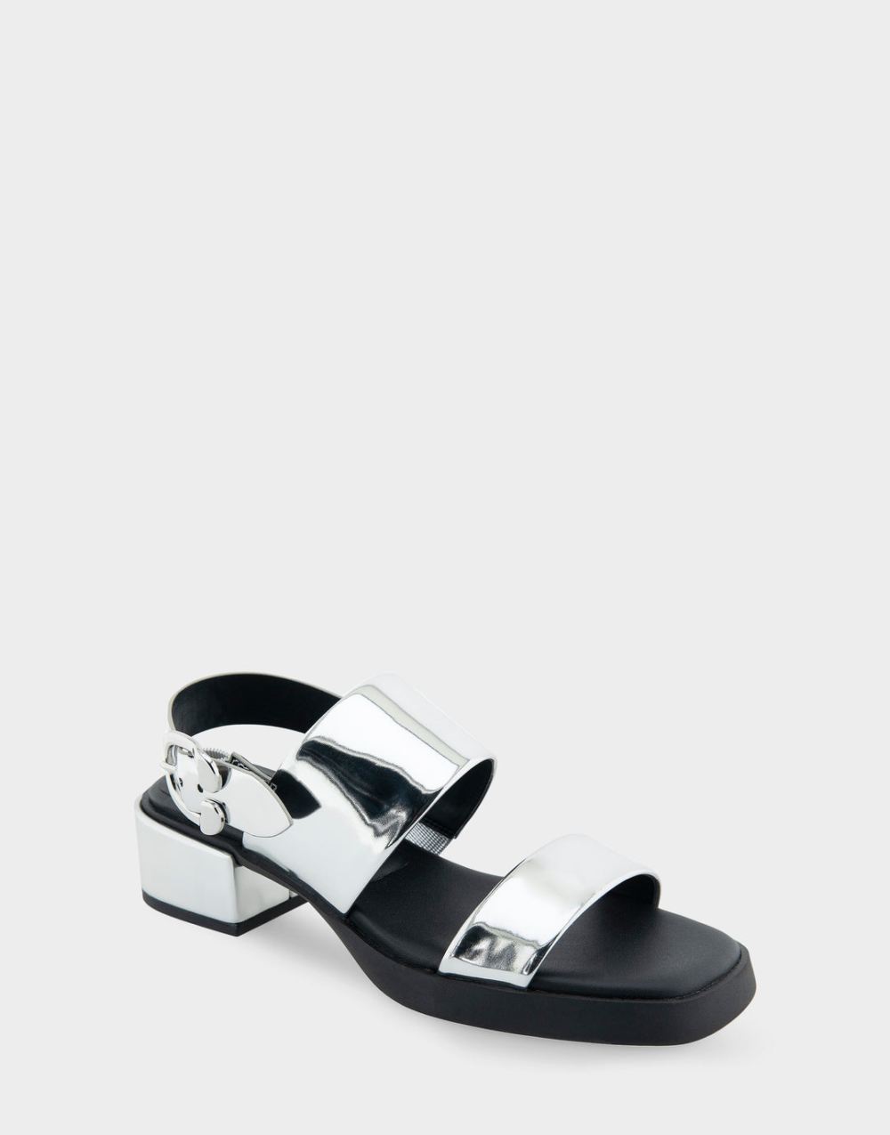 Women's | Dove Silver Mirror Metallic Faux Leather Banded Back Strap Low Block Heel Sandal