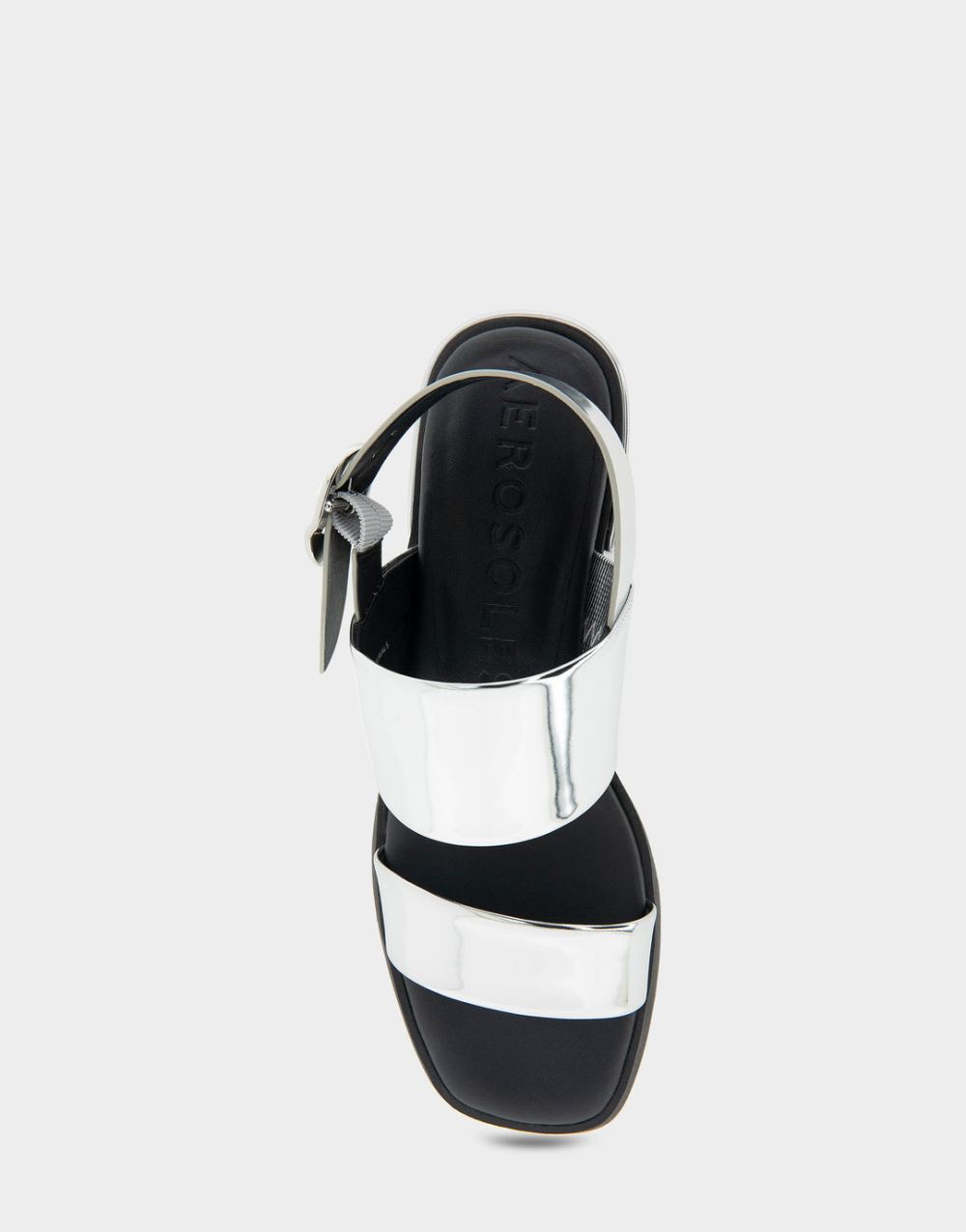 Women's | Dove Silver Mirror Metallic Faux Leather Banded Back Strap Low Block Heel Sandal