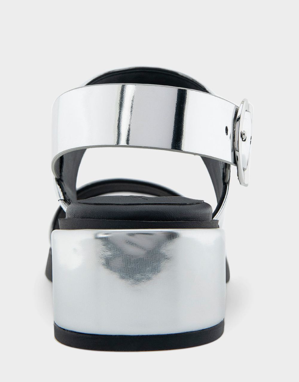 Women's | Dove Silver Mirror Metallic Faux Leather Banded Back Strap Low Block Heel Sandal