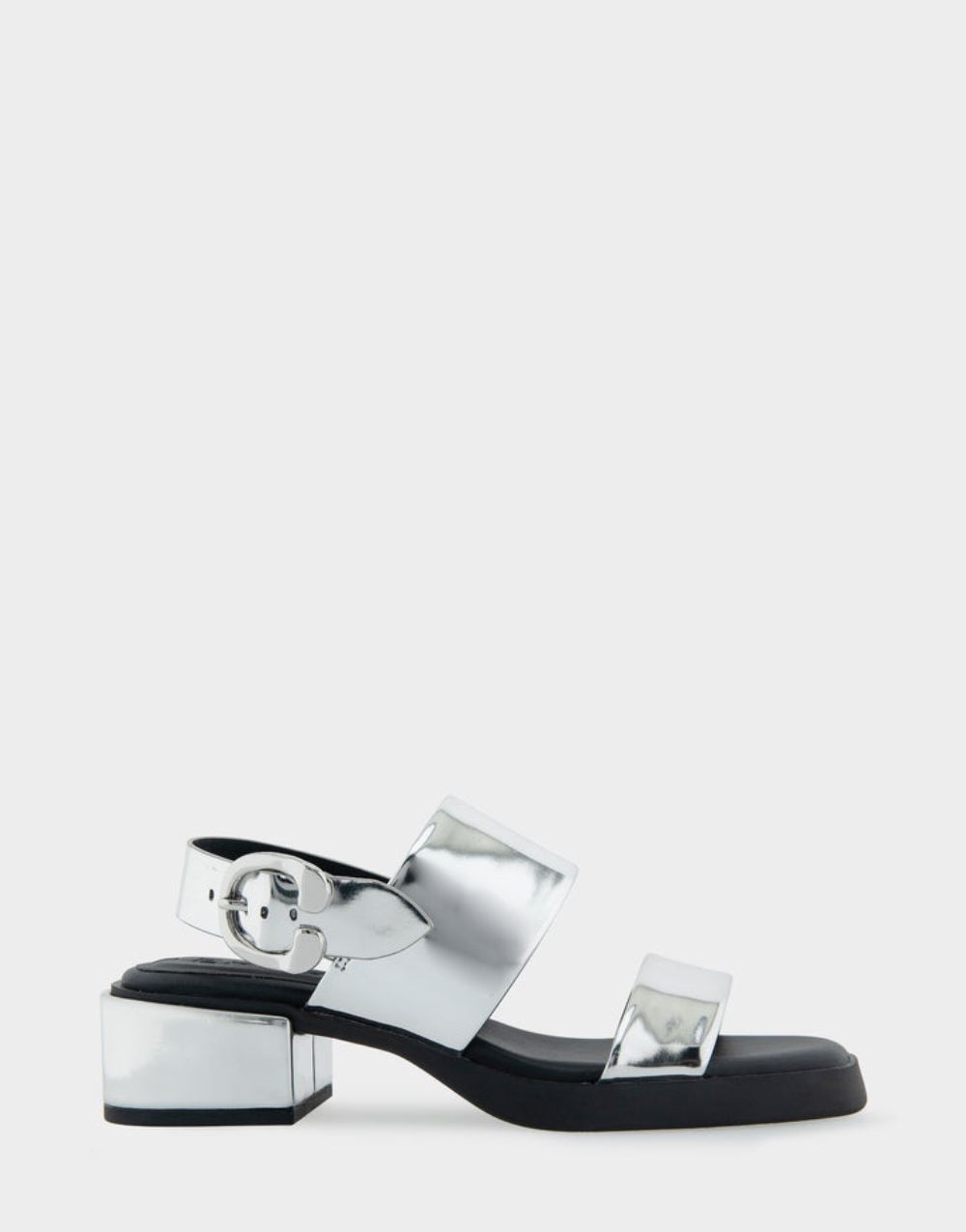 Women's | Dove Silver Mirror Metallic Faux Leather Banded Back Strap Low Block Heel Sandal