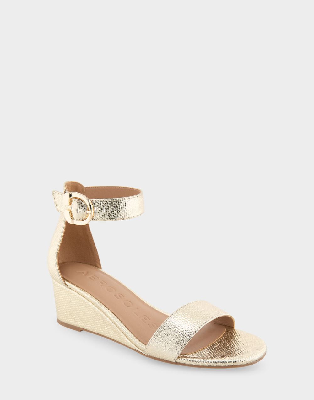 Women's | Willis Soft Gold Canvas Faux Leather Ankle Strap Mid Wedge Sandal
