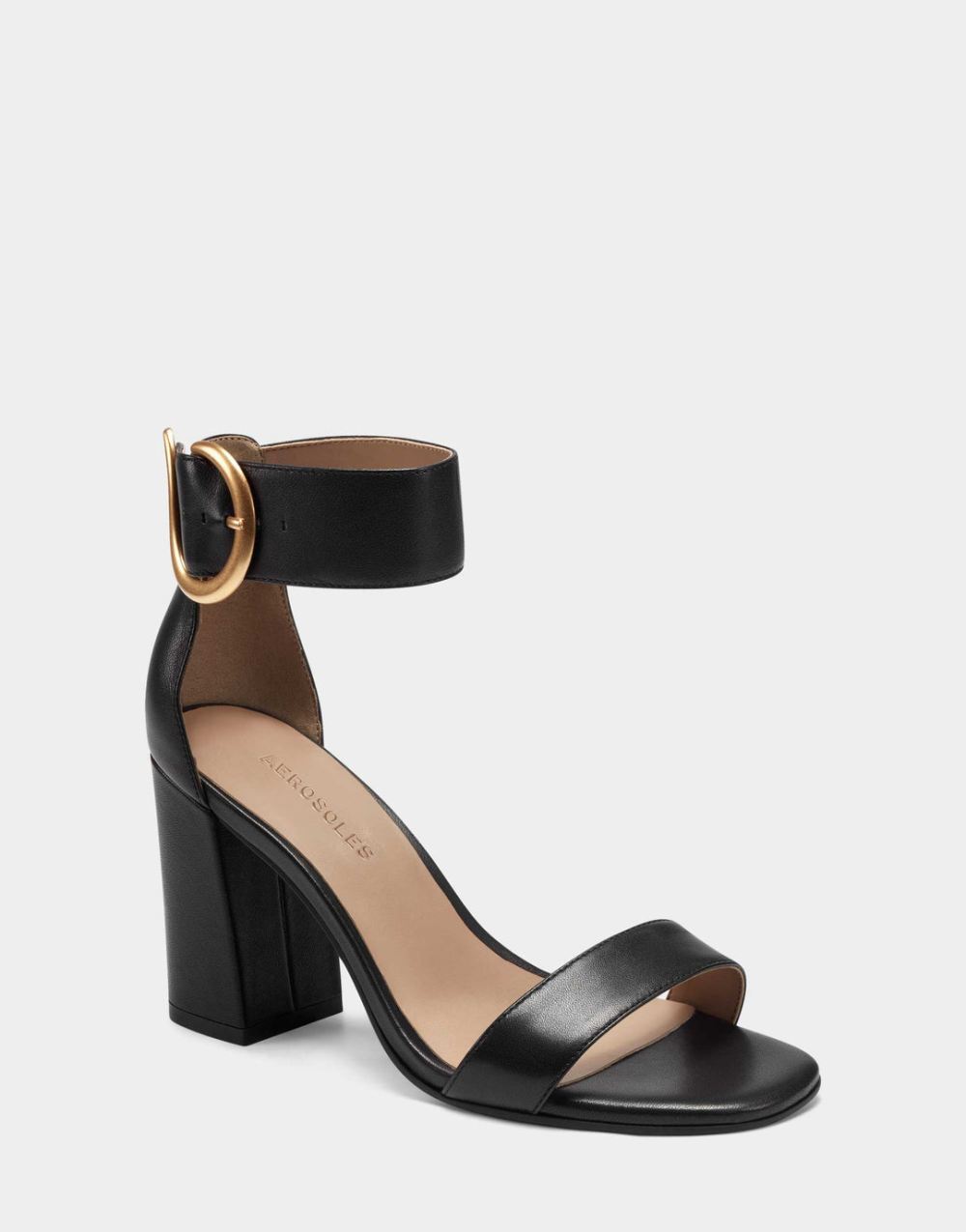 Women's | Black Leather Two Strap Heel with Ankle Strap and Gold Buckle Landon