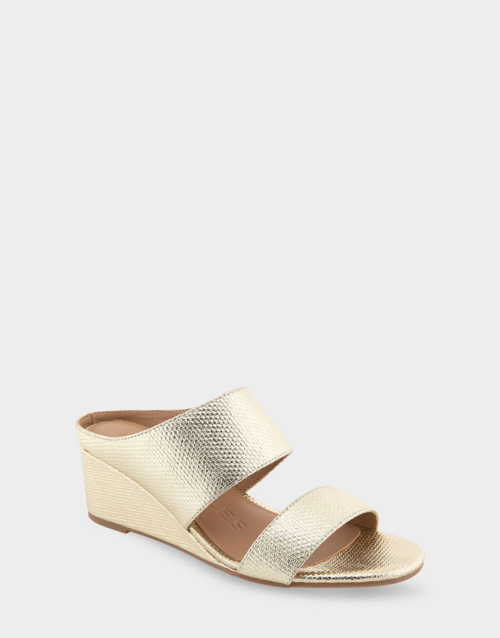 Women's | Wheeler Soft Gold Canvas Faux Leather Two Band Mid Wedge Slide Sandal