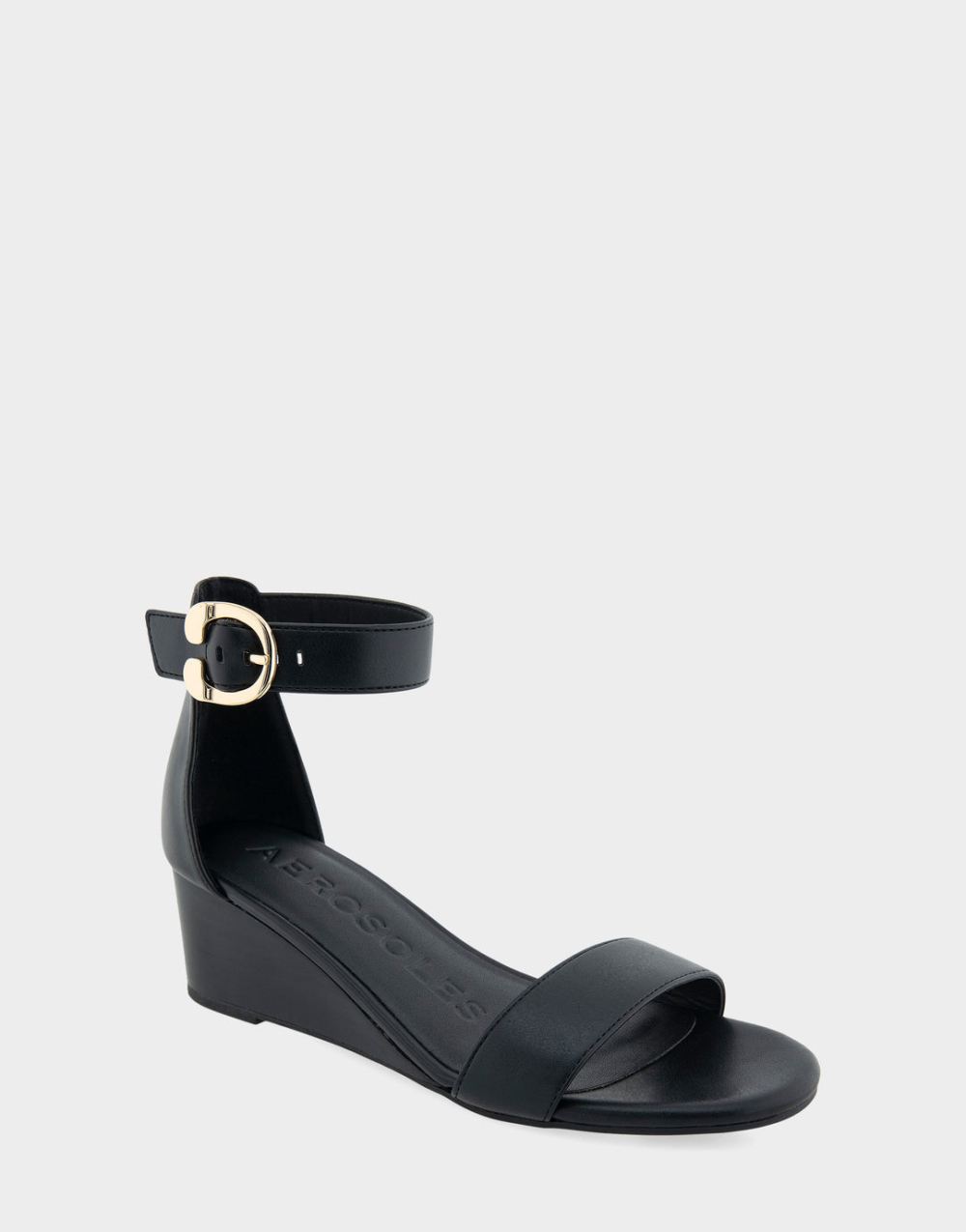Women's | Willis Black Faux Leather Ankle Strap Mid Wedge Sandal
