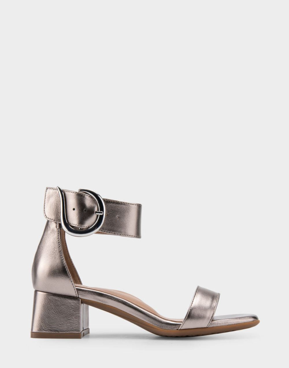Women's | Eliza Silver Metallic Genuine Leather Two Piece Mid Heel with Ankle Strap and Buckle